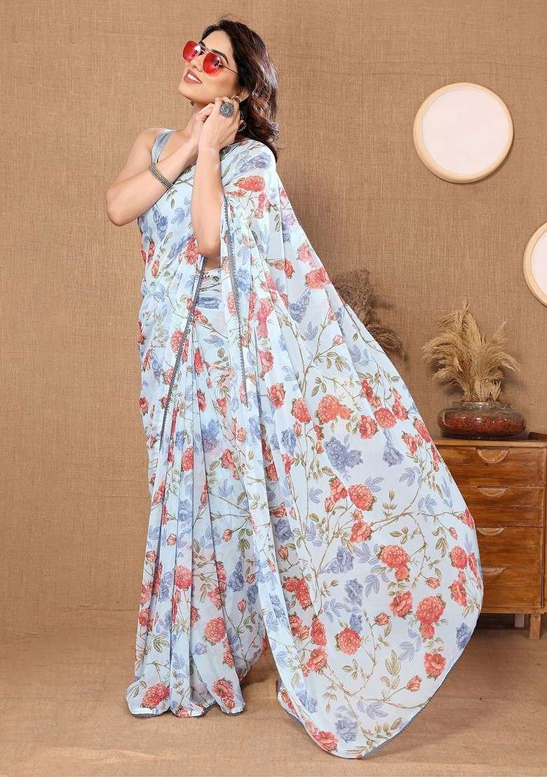 Turquoise Blue Printed Blended Saree Set - Indya