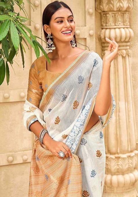 White Embroidered Blended Saree Set