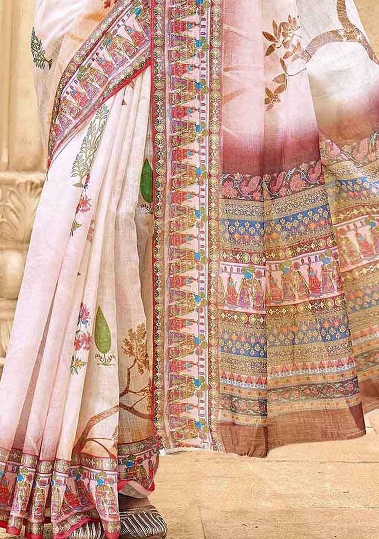 Off White Embroidered Blended Saree Set