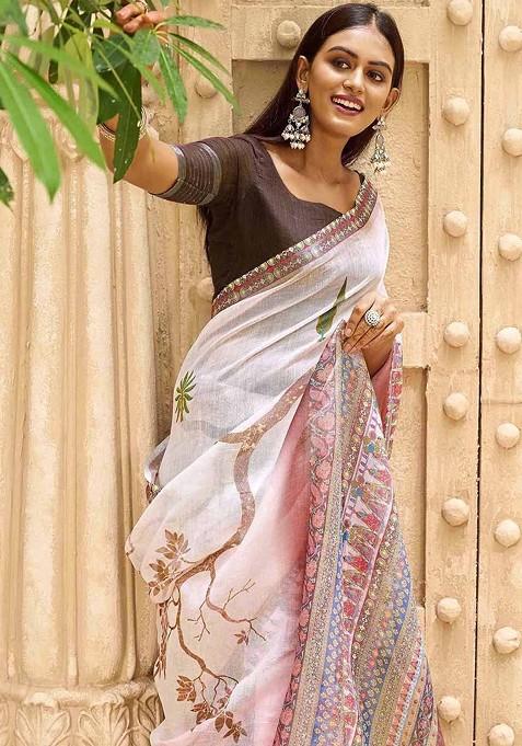 Off White Embroidered Blended Saree Set