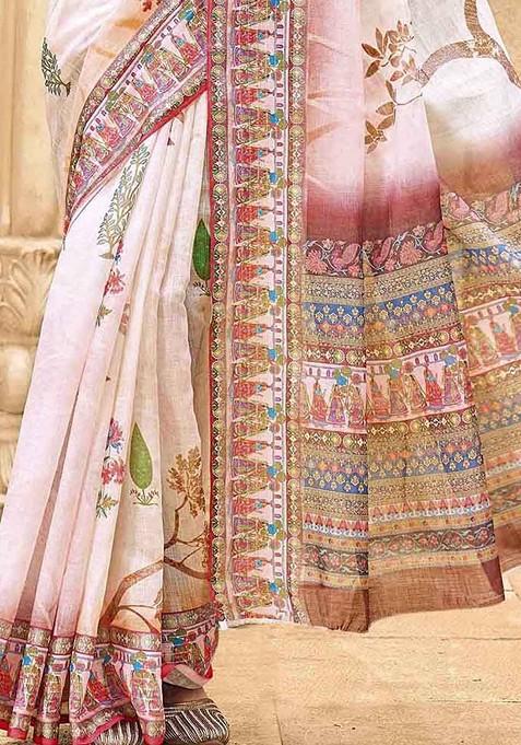 Off White Embroidered Blended Saree Set