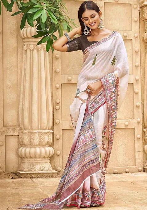 Off White Embroidered Blended Saree Set