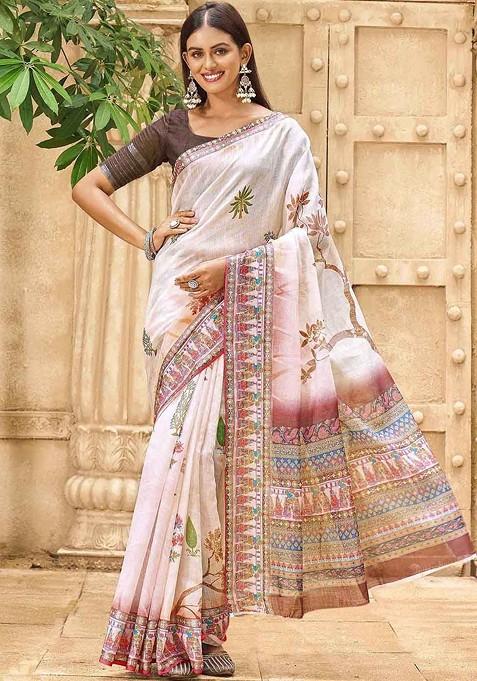 Off White Embroidered Blended Saree Set