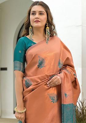 Peach Embroidered Blended Saree Set