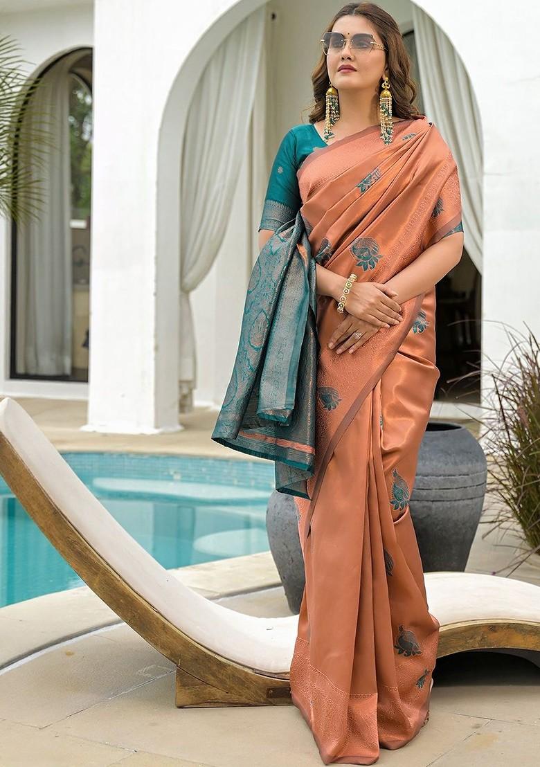 Peach Embroidered Blended Saree Set - Indya