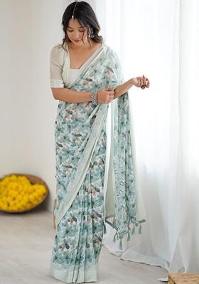 Sea Green Printed Blended Saree Set