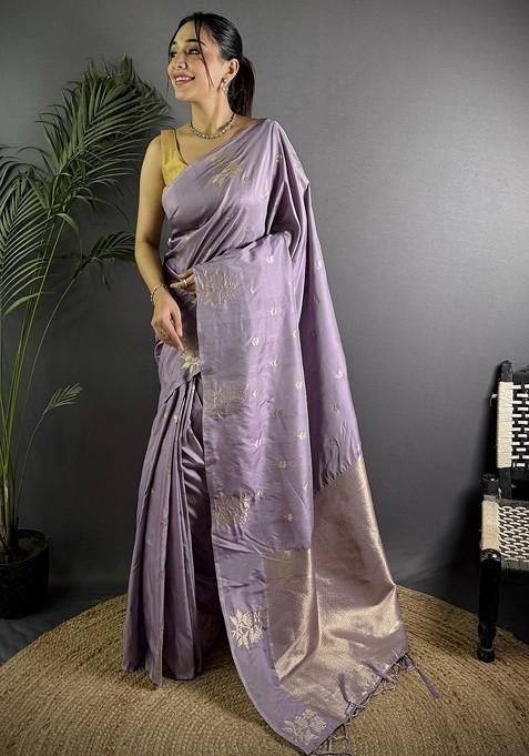 Lavender Embroidered Blended Saree Set