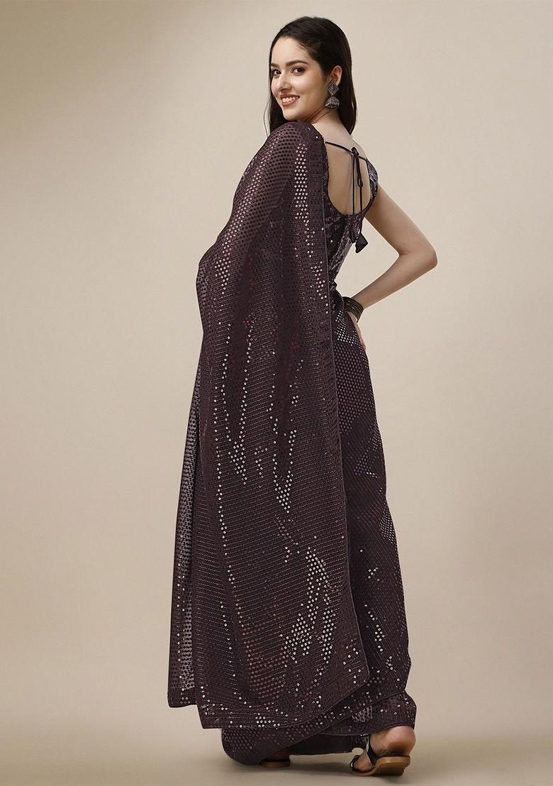 Coffee Brown Embellished Blended Saree Set - Indya