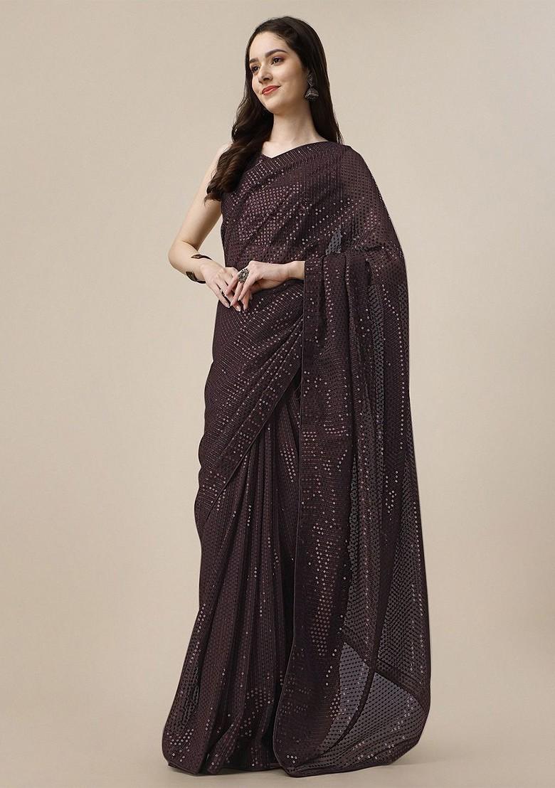 Coffee Brown Embellished Blended Saree Set - Indya