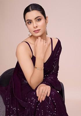 Burgundy Sequin Embellished Blended Saree Set