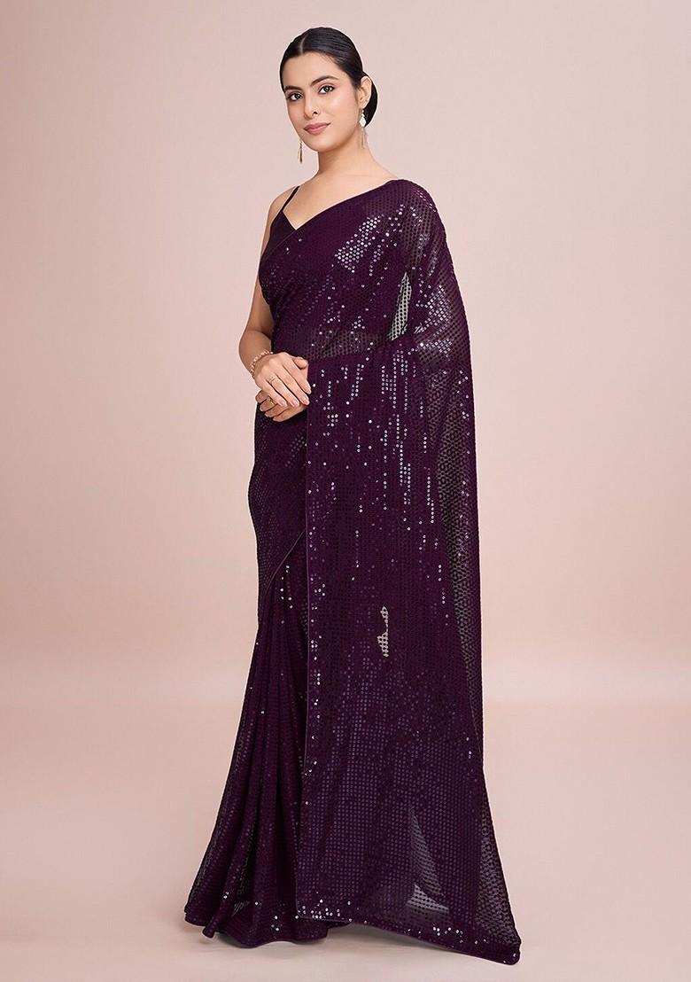 Burgundy Sequin Embellished Blended Saree Set - Indya