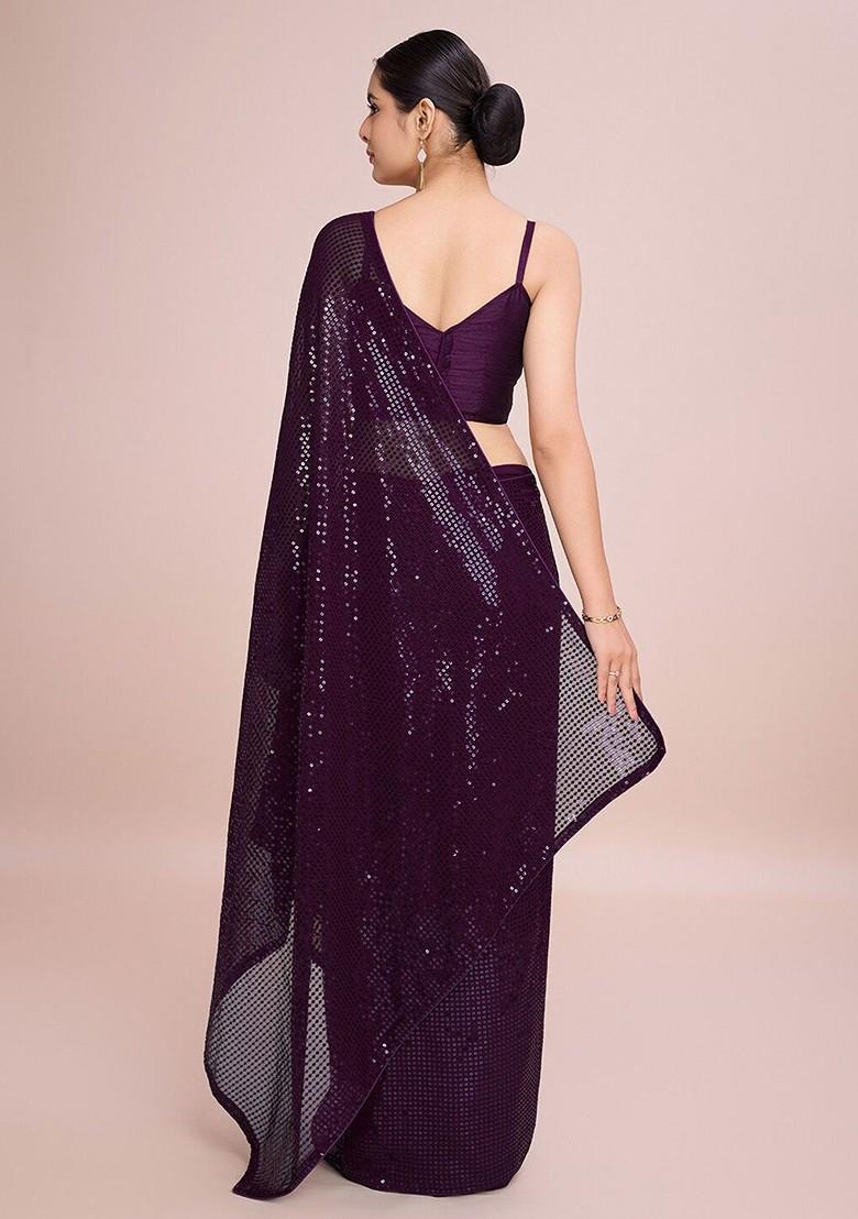 Burgundy Sequin Embellished Blended Saree Set - Indya