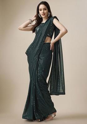 Green Sequin Embellished Blended Saree Set