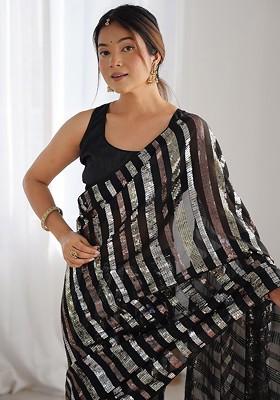 Black Sequin Embellished Blended Saree Set