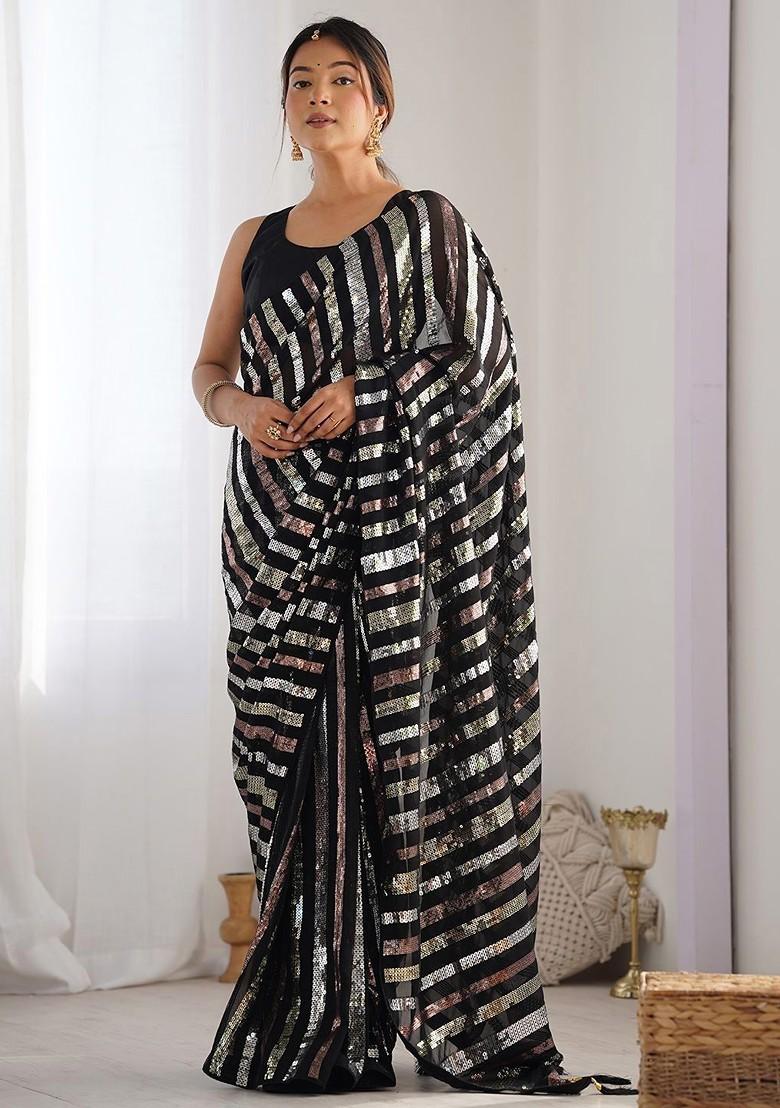 Black Sequin Embellished Blended Saree Set - Indya