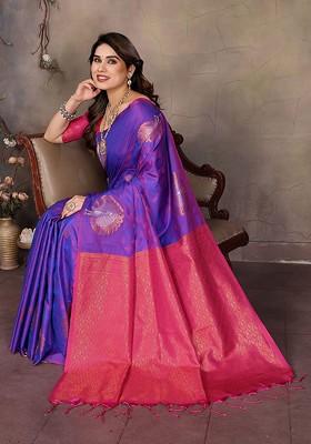 Purple Jacquard Blended Saree Set