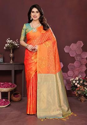 Orange Embroidered Blended Saree Set