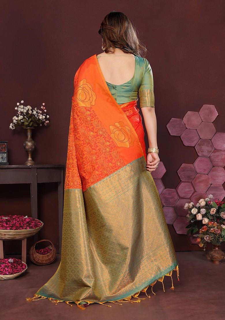Orange Embroidered Blended Saree Set - Indya