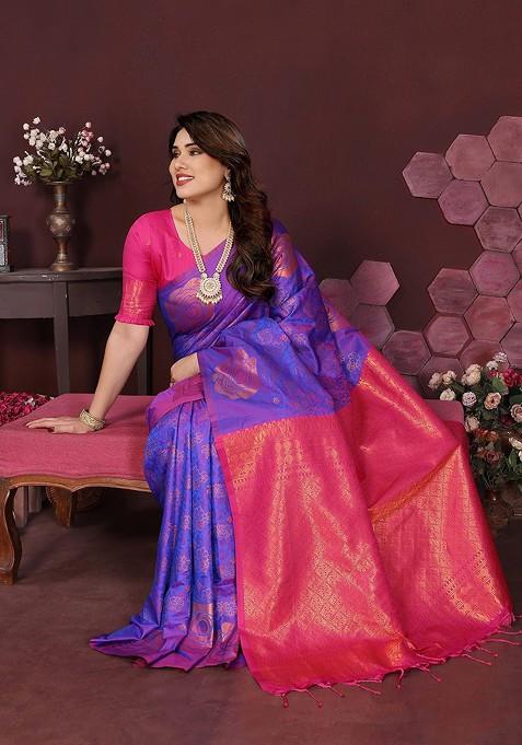 Purple Embroidered Blended Saree Set