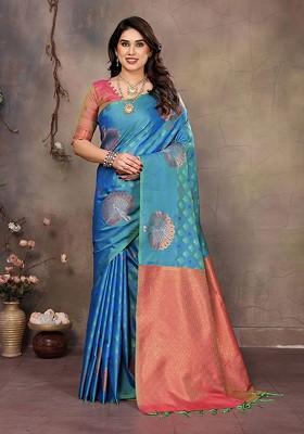 Blue Jacquard Blended Saree Set