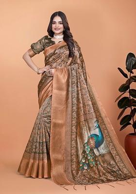 Brown Printed Blended Saree Set