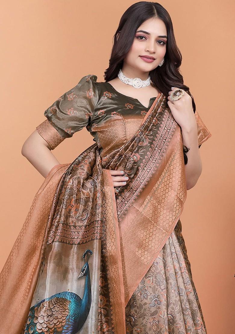 Brown Printed Blended Saree Set - Indya