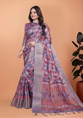 Pink Printed Blended Saree Set