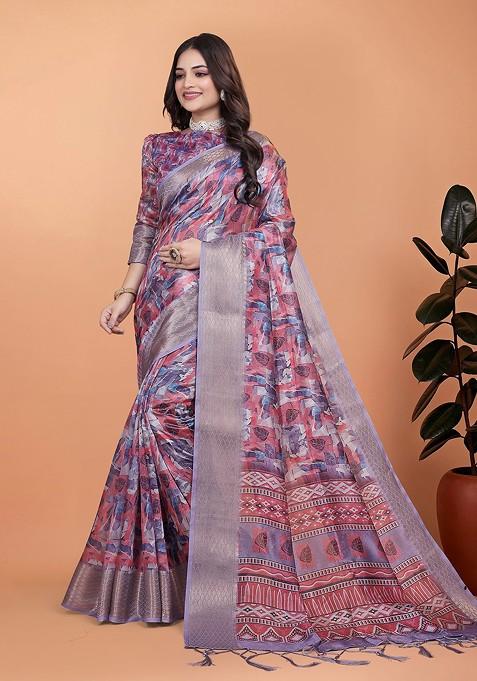 Pink Printed Blended Saree Set