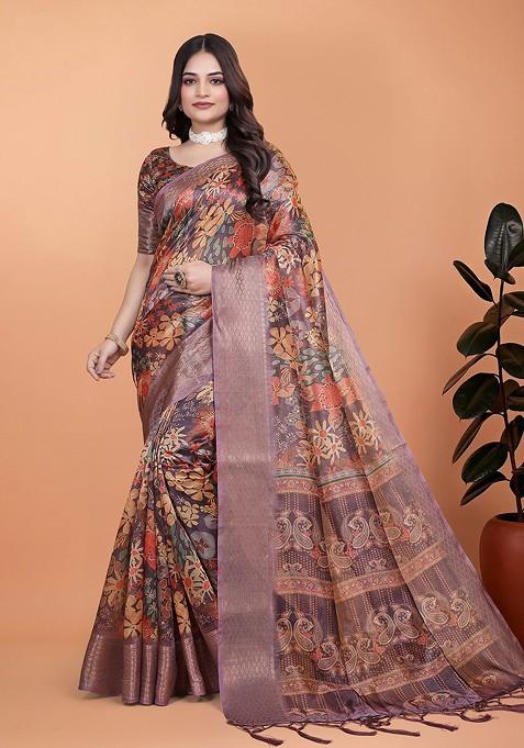 Brown Printed Blended Saree Set