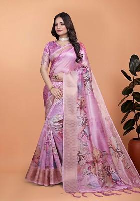 Pink Printed Blended Saree Set