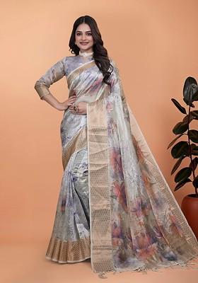 Grey Printed Blended Saree Set
