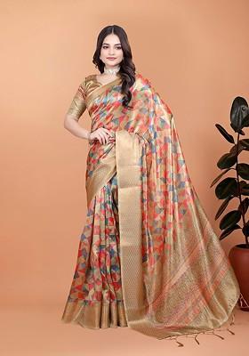Cream Embroidered Blended Saree Set