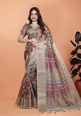 Brown Printed Blended Saree Set