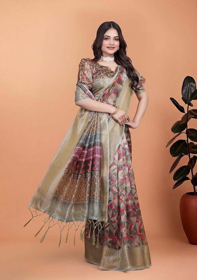Brown Printed Blended Saree Set - Indya