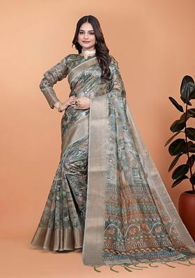 Green Printed Blended Saree Set