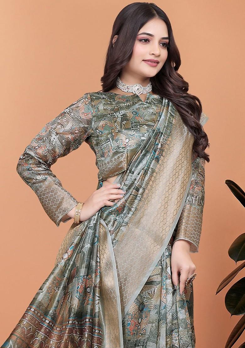 Green Printed Blended Saree Set - Indya
