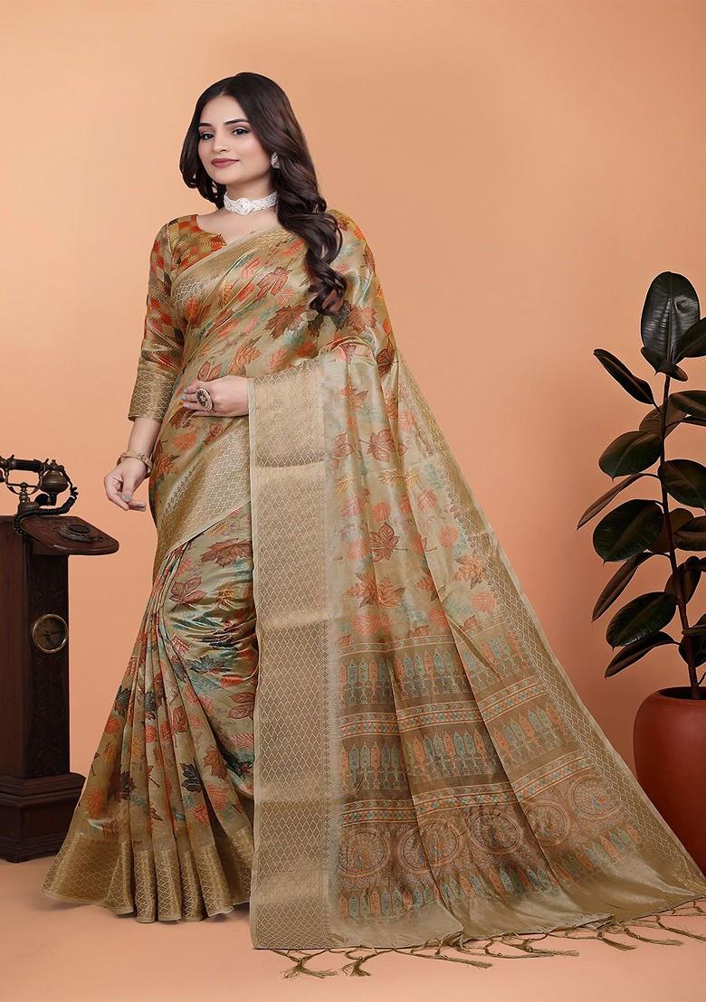 Brown Printed Blended Saree Set - Indya