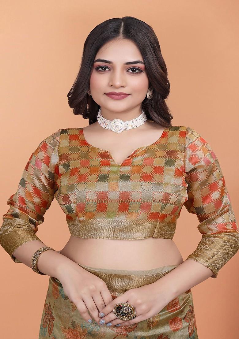 Brown Printed Blended Saree Set - Indya