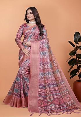Pink Printed Blended Saree Set