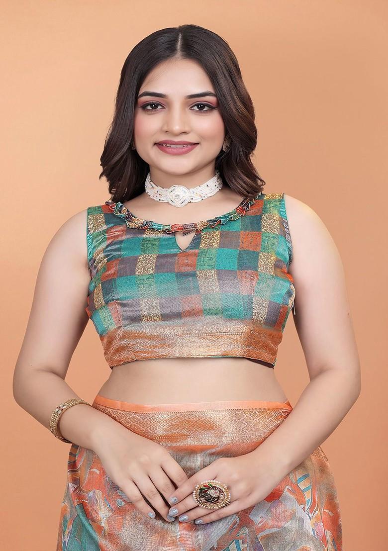 Orange Embroidered Blended Saree Set - Indya