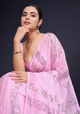 Pink Sequin Embellished Blended Saree Set
