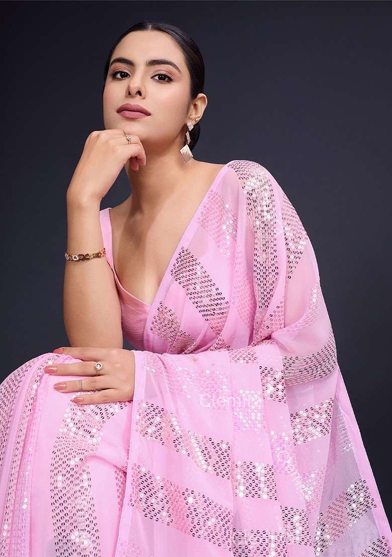 Pink Sequin Embellished Blended Saree Set - Indya