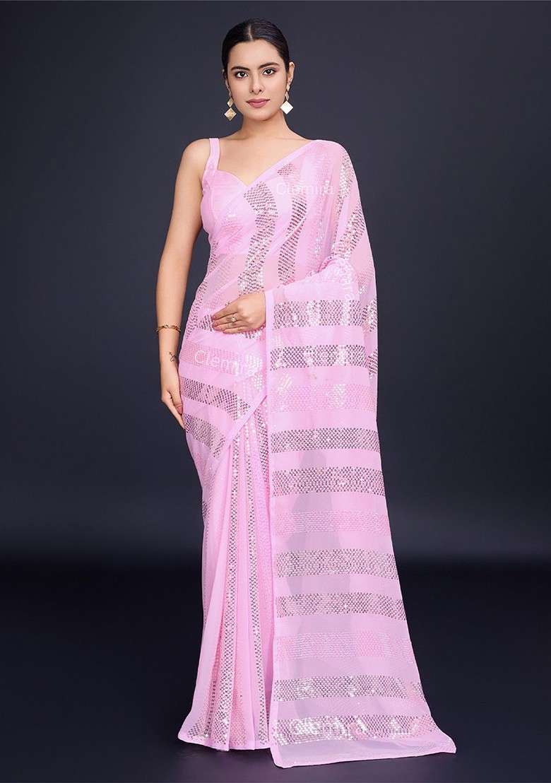Pink Sequin Embellished Blended Saree Set - Indya