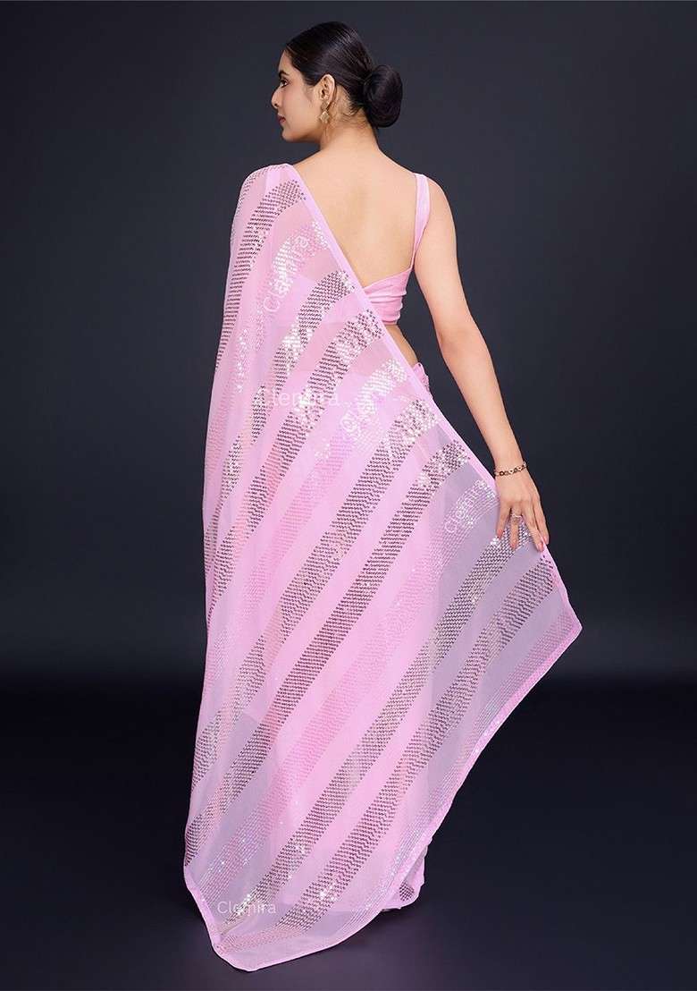 Pink Sequin Embellished Blended Saree Set - Indya