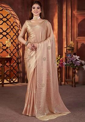 Cream Embellished Blended Saree Set