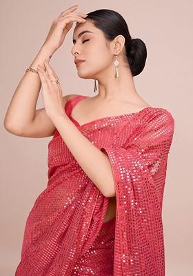 Pink Embellished Blended Saree Set