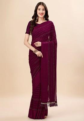 Purple Embellished Blended Saree Set