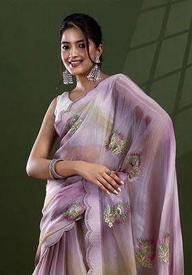 Purple Embellished Blended Saree Set