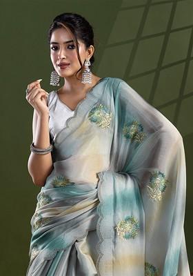 Grey Embroidered Blended Saree Set