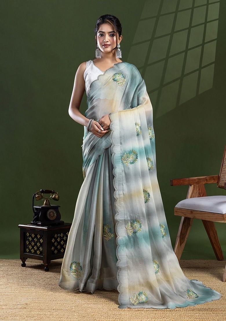 Grey Embroidered Blended Saree Set - Indya